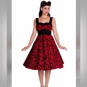 Hell Bunny Red and Black Rose Print Retro Swing Dress